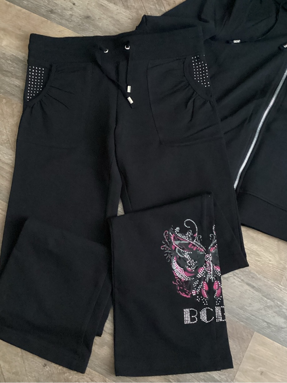 BCBGMaxAzria Black Rhinestone-Trim Hoodie Set - Picture 2 of 7